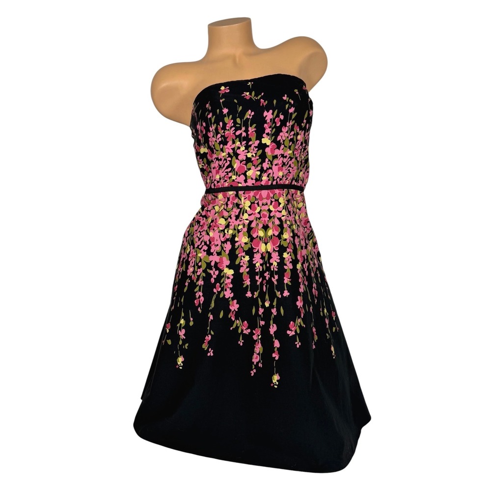 LOFT Womens Strapless Floral Fit & Flare Dress‎ Black Pink Green Cotton Size 4
